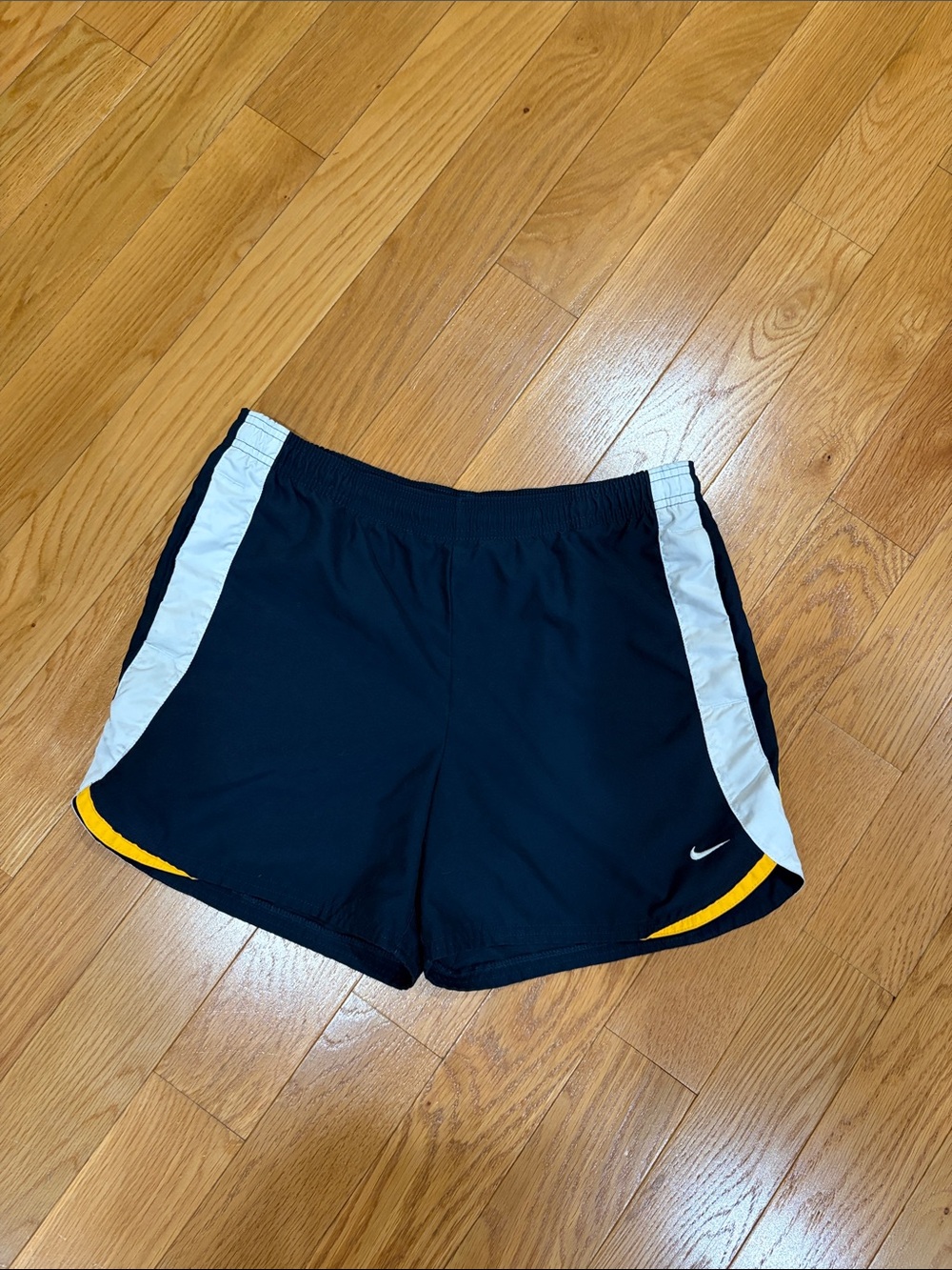 Vintage Nike Men’s Black Athletic Shorts with White Panels and Yellow Accents